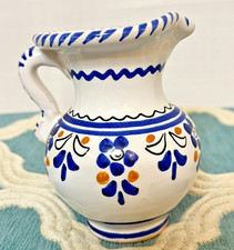 Jarrón rústico floral azul jarra de cerámica española pintada a mano vintage de granja
