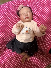 Baby Girl Doll Medium Complexion Straight Black Hair Eyes Closed w/ Outfit