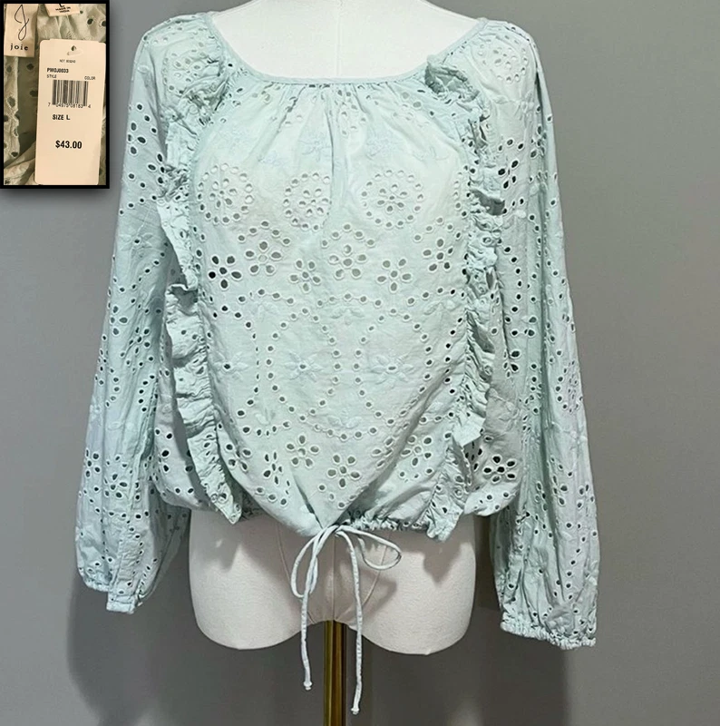 ¡NUEVO CON ETIQUETAS! JOIE BLUSA CAMISA CAMPESINA VERDE COMO NUEVA BORDADA CON OJALES VOLANTES RIBETE L!