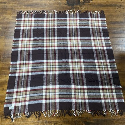 Vintage Faribo Fluff-Loomed Brown Tan Red Plaid Fringe Blanket 52  x 55 