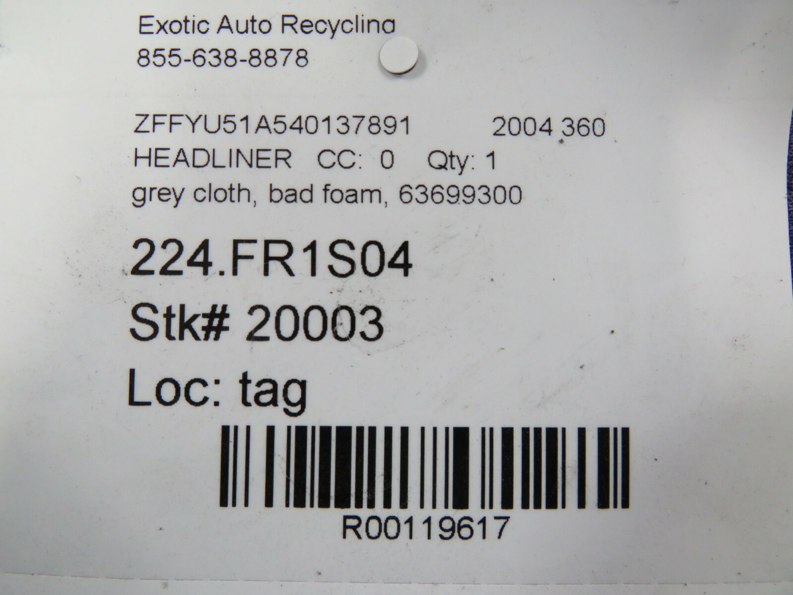Ferrari 360, Grey Cloth Headliner, Used, P/N 63699300
