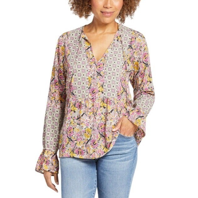 Allison Joy Mackenzie Floral Top Size XS Peasant Floral Split Notch V Chiffon