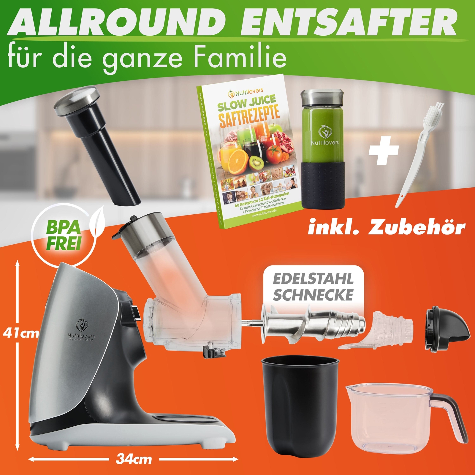 GREENPRESS EDELSTAHL Entsafter Slow Juicer mit EdelstahlSchnecke