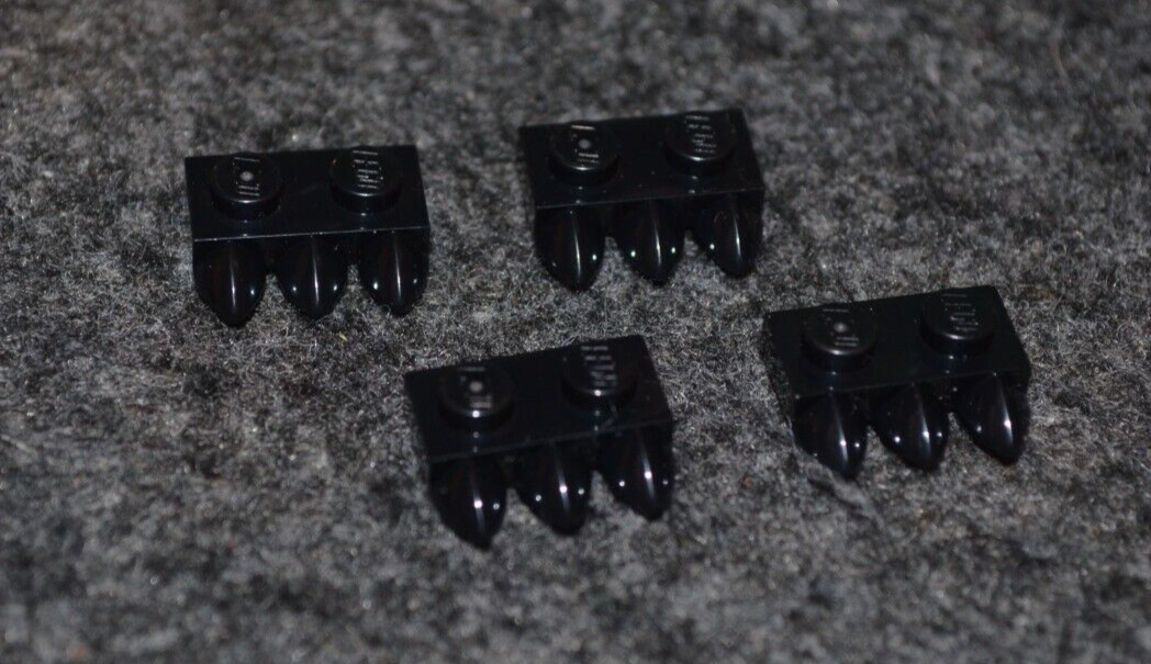 4) 1x2 Black Plate w/ Three Pointed Teeth Bricks ~ New Lego Brick