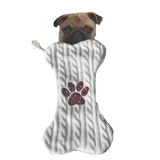 Dog Bone Cable Knit White Christmas Stocking Holiday Decor Dog Paw 18”
