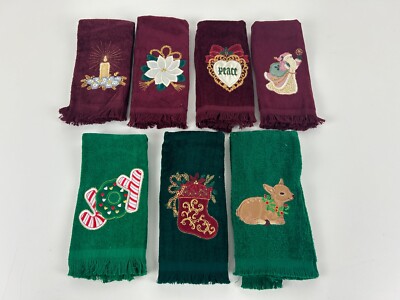 Christmas Fingertip Towels Vintage Holiday Kitchen Bathroom Embroidered SET 7