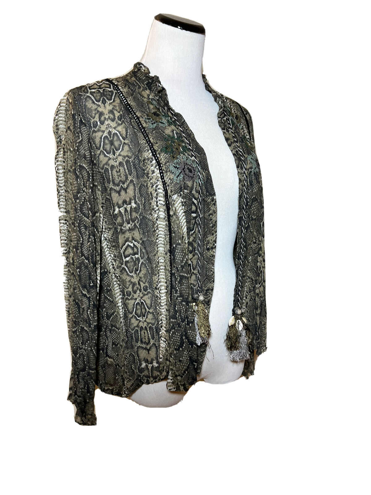 ZARA Olive Cream Python Print Open Front Tassel F… - image 2