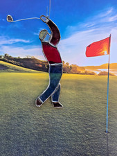 Vintage Stained Glass Sun catcher Suncatcher man golfer golfing EUC ornament