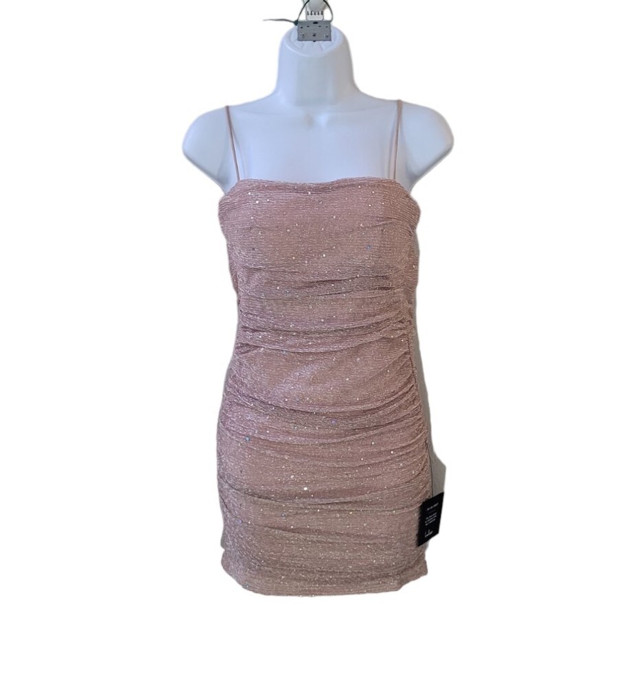 flirty vibes purple multi sparkly ruched bodycon mini dress New LULU'S S Mauve Shiny Silver Minidress hips_42.5 shapes a straight neckline It's all about yellow Size:12 E