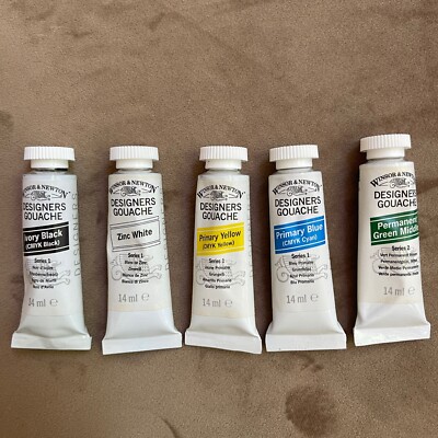 Winsor &Newton Designer Gouache Primary Color Black White Yellow Blue Green 14mL