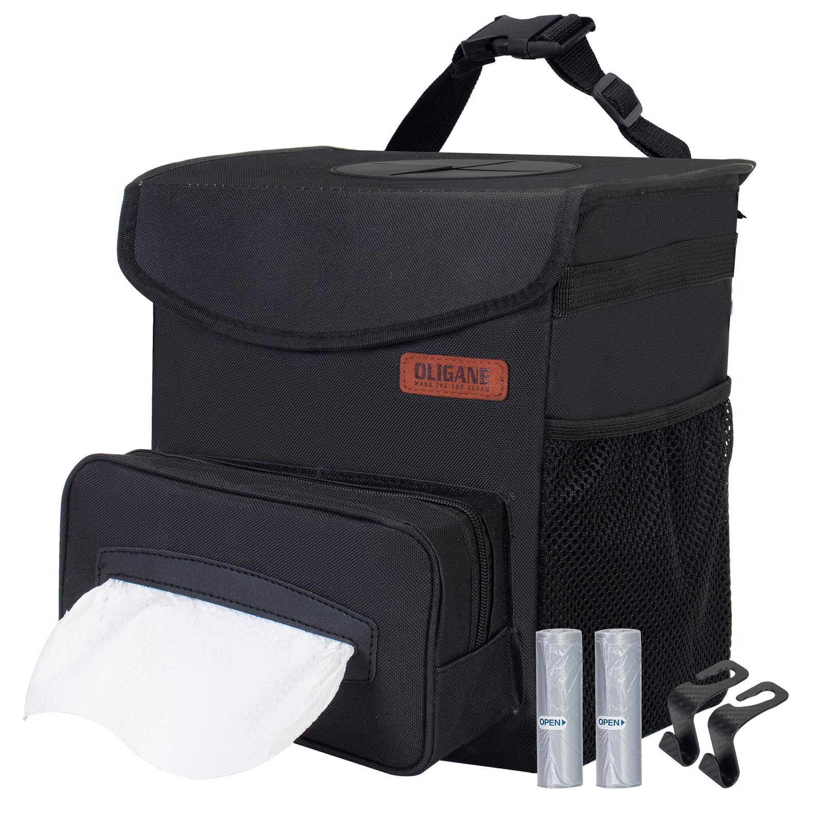 OLIGANE Car Trash Can 3 Gallons - Leak Proof Car Trash Bag with Tissue Holder