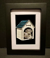 Framed Jewelry Art Miniature “In the Doghouse” Enamel and Rhinestone