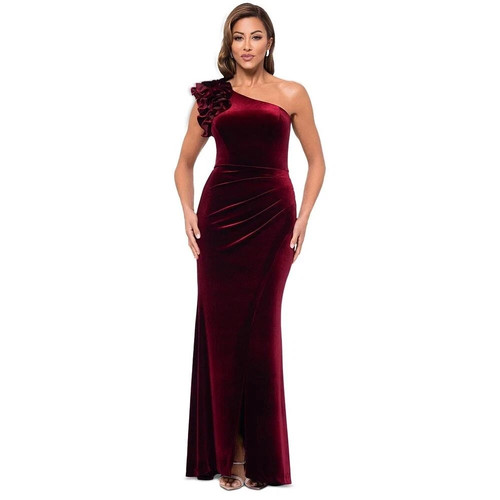 Xscape Burgundy Wine Ruffle One-Shoulder Velvet Gown Size 12 $258