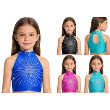 Girls Vest Latin Crop Top Athletic Shirt Rhinestone Show Performance Costume