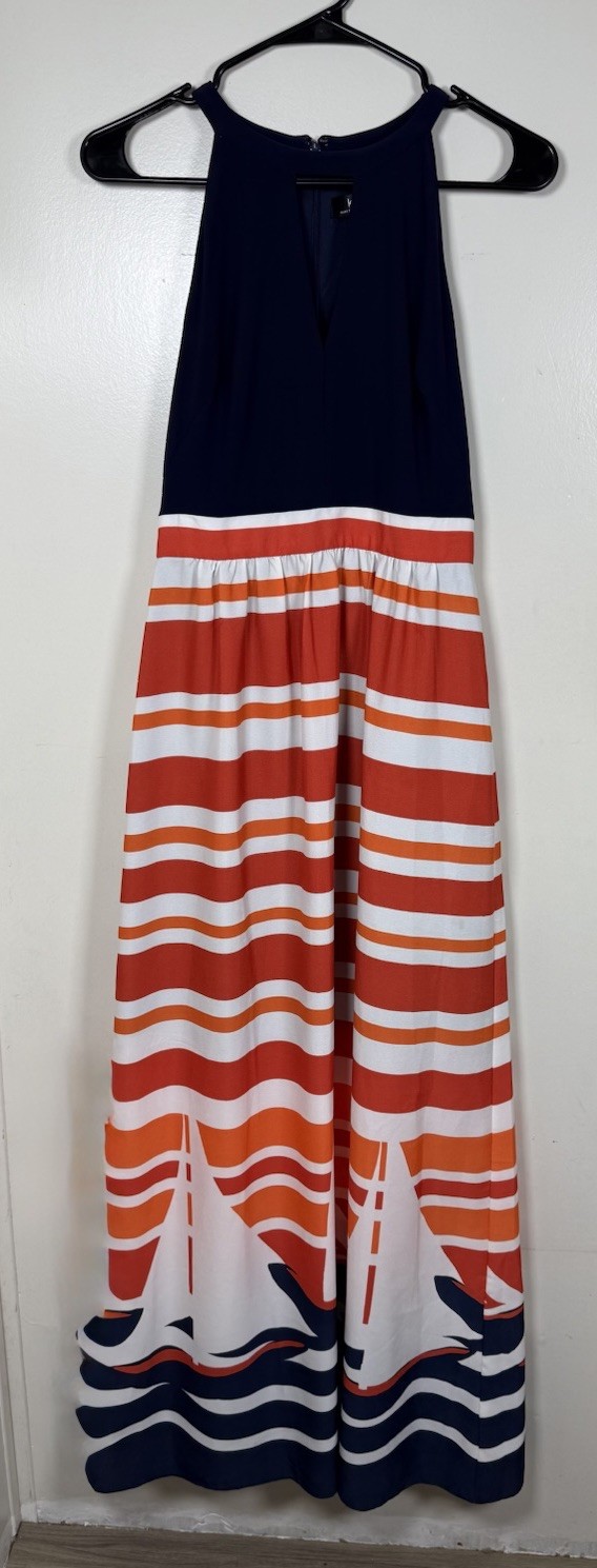 Kensie Striped maxi dress Sz 4 nautical sailboats Red White Blue Summer