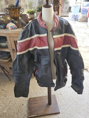 Vintage 90's Leather Cafe Racer Biker Jacket Motorcycle Red Striped Men Size 50