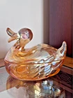 Vintage Carnival Glass Duck Covered Dish Peach Marigold Iridescent Candy Bowl
