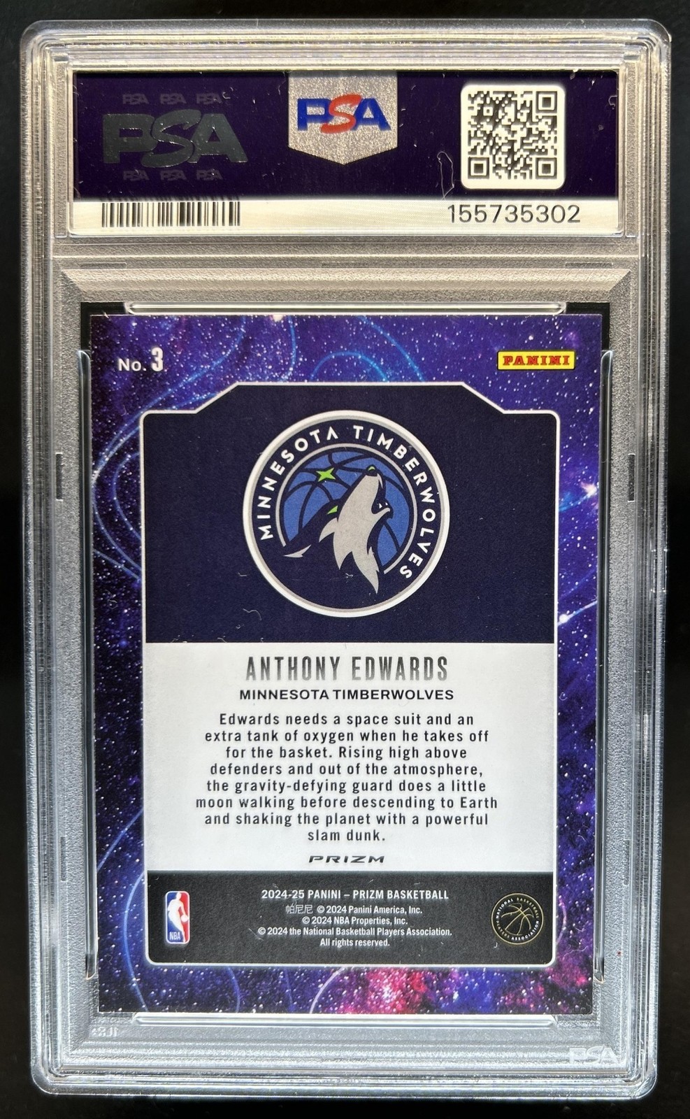 2024-25 Panini Prizm Anthony Edwards Deep Space Green #3 Timberwolves PSA 9 view 2