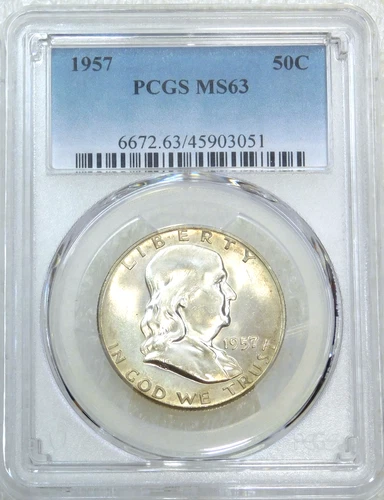 1957 P Franklin Half Dollar PCGS MS63 95% FBL Frosty Luster New Holder #S288C