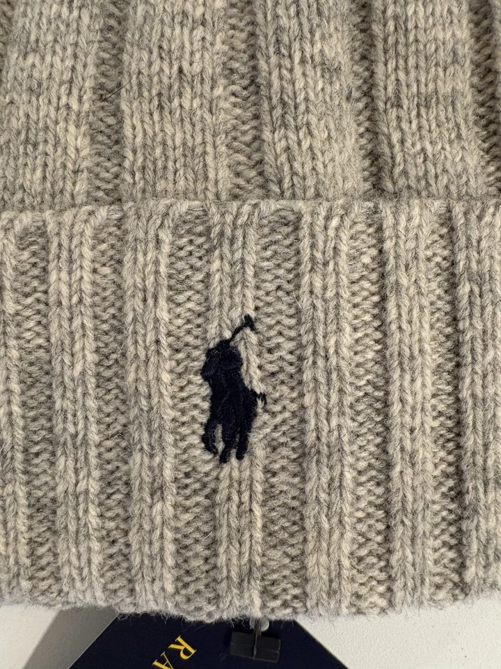 Polo Ralph Lauren Logo Pony Gray Wool Knit Cuffed Beanie Hat Cap Men’s OS NWT - Image 3 of 4