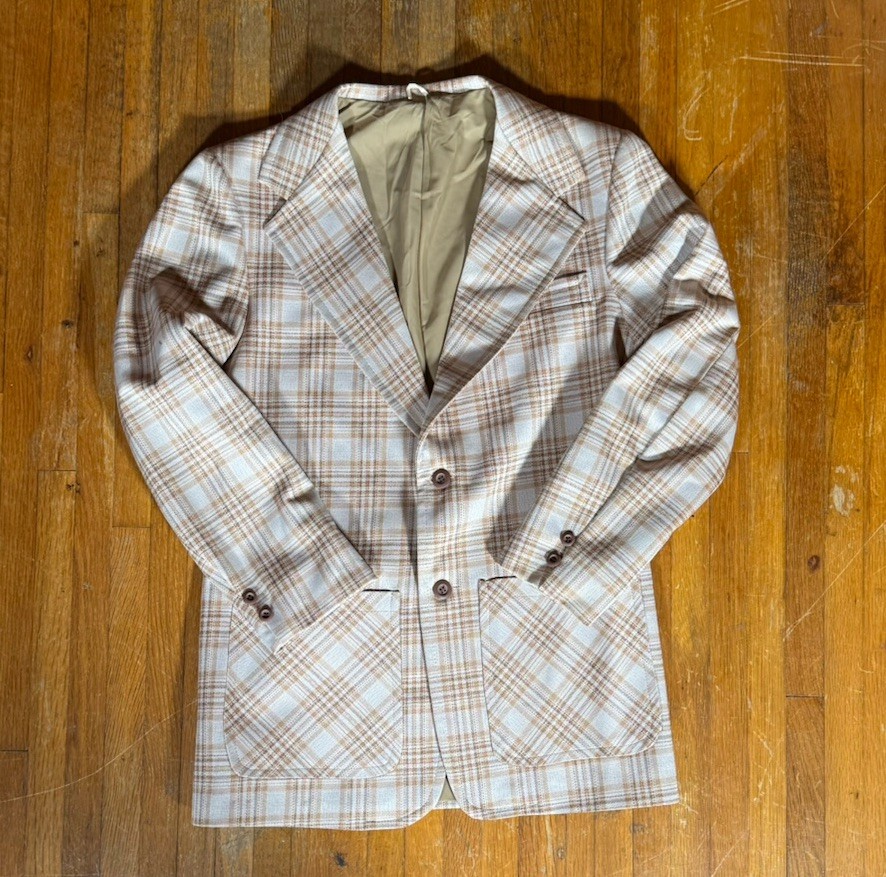 Men’s Plaid Blazer Beige Brown Black Double Vented Two Button Size MediumPlaid Notch Lapel Retro Vintage