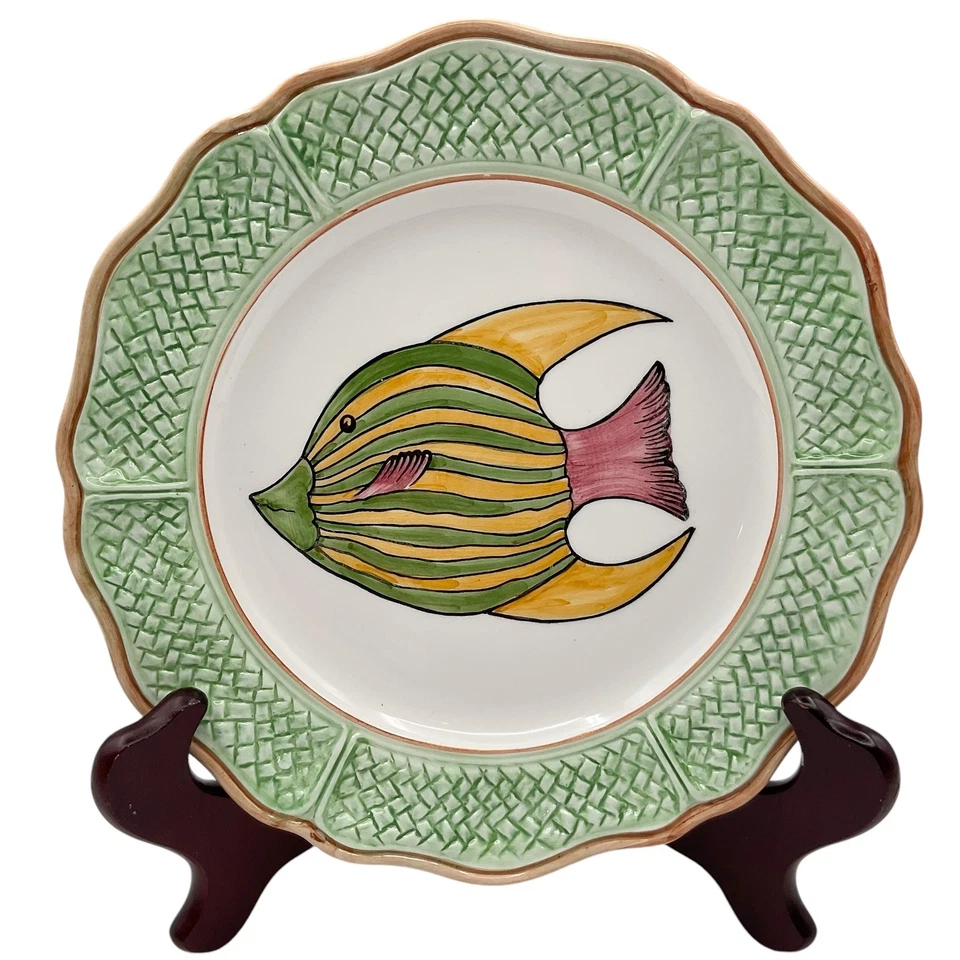 Juego de 4 platos de ensalada de pescado escala palma Vietri Oasi Italia 8" pintados a mano años 90 Foto 3 de 4