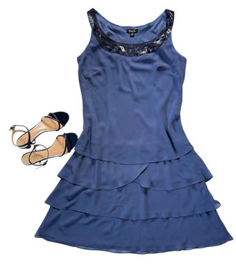 SLNY Navy Tiered Chiffon Beaded Cocktail Dress Size 14P Flowy Evening NWT |  eBay