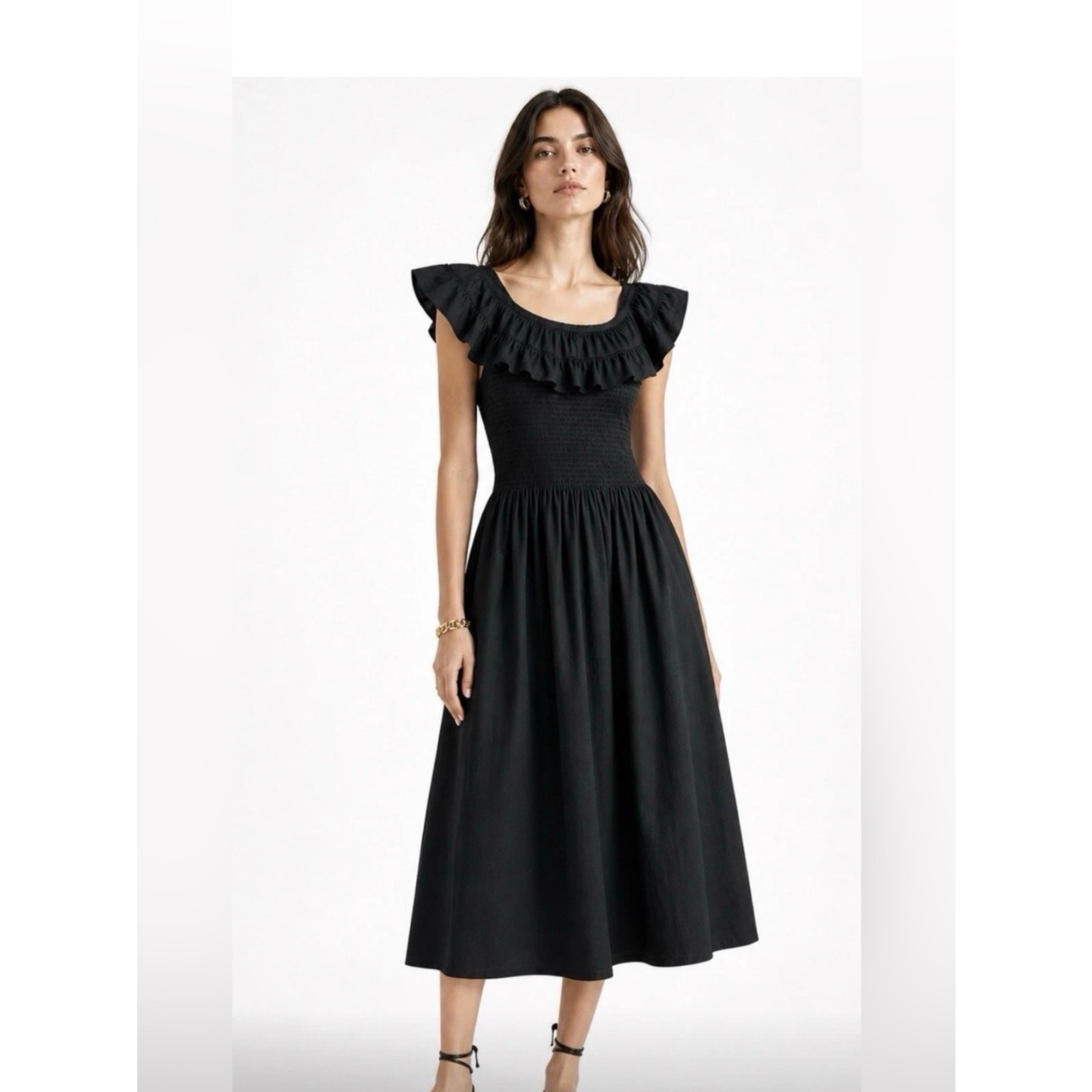 Hill House Black Ruffle-Smock Midi Dress