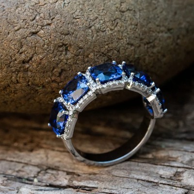 5.50 Ct Cushion Natural Sapphire Diamond Engagement Ring 14K White Gold Size 7