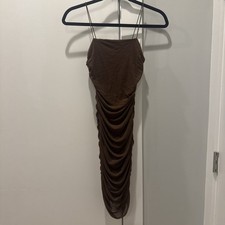 Slinky Mesh Double Lined Ruched Dress Chocolate