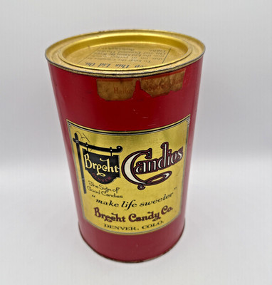 Vintage Brecht Candy Co Advertising Tin Denver Colorado Red & Gold Rust Scratch