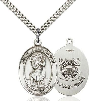Sterling Silver Saint Christopher Coast Guard Medal Pendant Necklace 24'' Chain