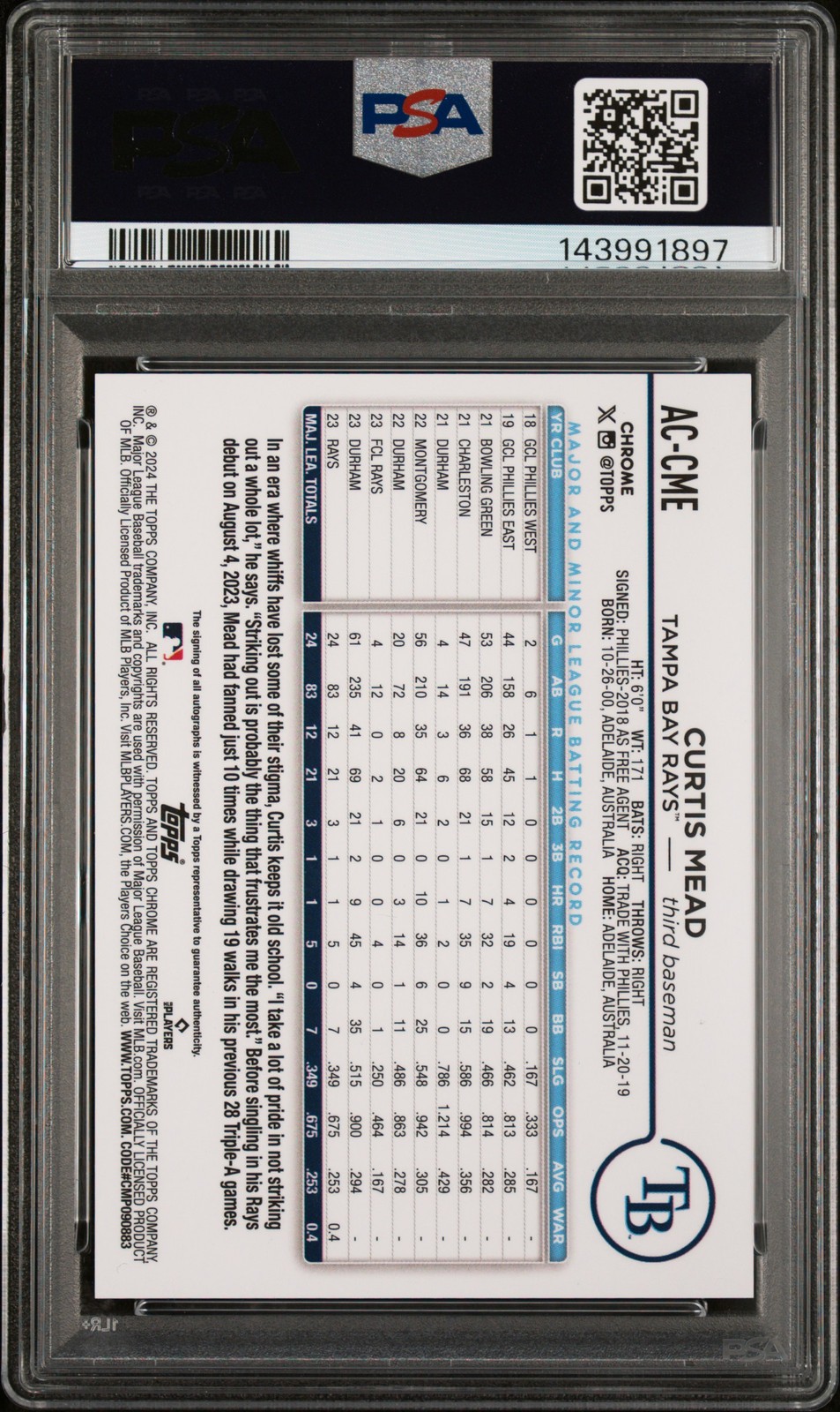 TOPPS CHROME UPDATE CHROME BASEBALL UPDATE SERIES AUTOS CURTIS MEAD 02/25 PSA 9 view 2