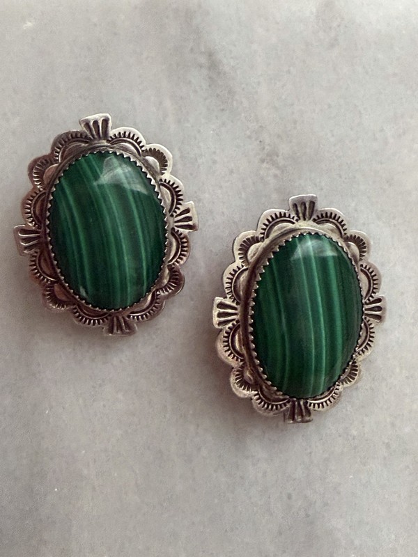 VTG Navajo sterling malachite clip on earrings 1.5 Inches Long