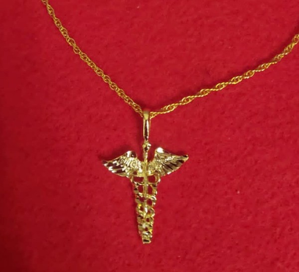 Alternate view of 14kt Gold Plated Caduceus Charm Pendant With 30" Rope Chain Necklace 2735