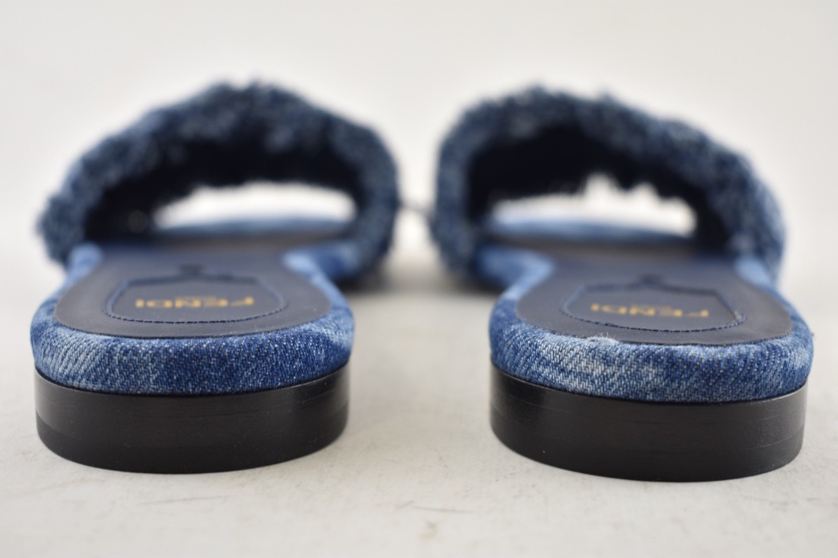 Fendi Sunshine Blue Denim Frayed FF Logo Mule Slide Flat Flip Flop