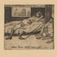 Artur Bär Radierung Neujahrsgrüße 1952 Krieg Soldat Trommel Ruinen signiert