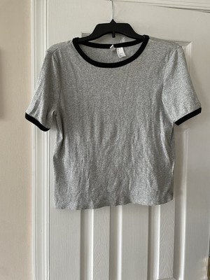H&M Divided Ribbed  Gray Tee With Black Trim Around Neck & Arms Size Large