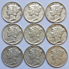 Lot Of 9 High Grade Mercury Dimes 1940-1945 All Different Dates! - XF/AU (Lot#1)