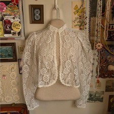 Vintage Gunne Sax Lace Bolero Jacket Women's 5 S/M White High Neck Puff Sleeve
