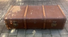 Antique Large Steamer Trunk Suitcase Wooden Travel Chest Canvas Leather Handle