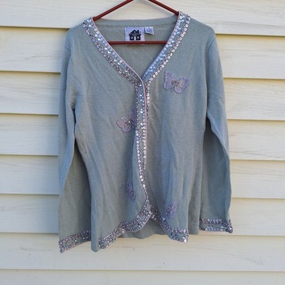 Vtg Storybook Knits Cardigan Sweater M Granny Y2K Butterflies Jeweled Sparkly 