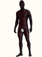 US Men Crotchless Sheer Catsuit Back Zipper Satin Hooded Jumpsuit Gloves Cosplay