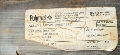 Polymet ERNiMo-3 - Alloy Hast W PMET 870 Nickel TIG Welding Rod 4.9lbs .062x 36