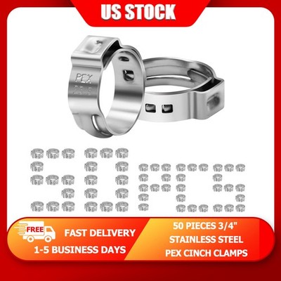 3/4'' inch PEX Stainless Steel Clamp Cinch Rings Crimp Pinch Fitting 50 pcs