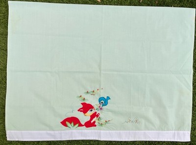 Vintage Embroidered Crib Sheet Fabric Piece Squirrel Blue Bird Forest Mint Green