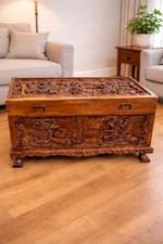 Unusual Vintage Heavily Carved Oriental Wooden Chest / Coffer / Blanket Box