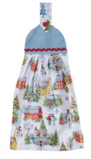 Christmas Village Button Tab Top Kitchen Towel - Saltbox, Barn, Santa, Snowman 