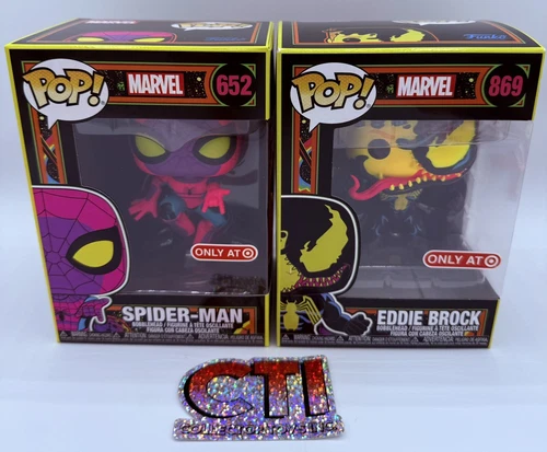 FUNKO POP MARVEL SPIDER-MAN #652 & EDDIE BROCK #869 BLACK LIGHT SET W/ PROTECTOR