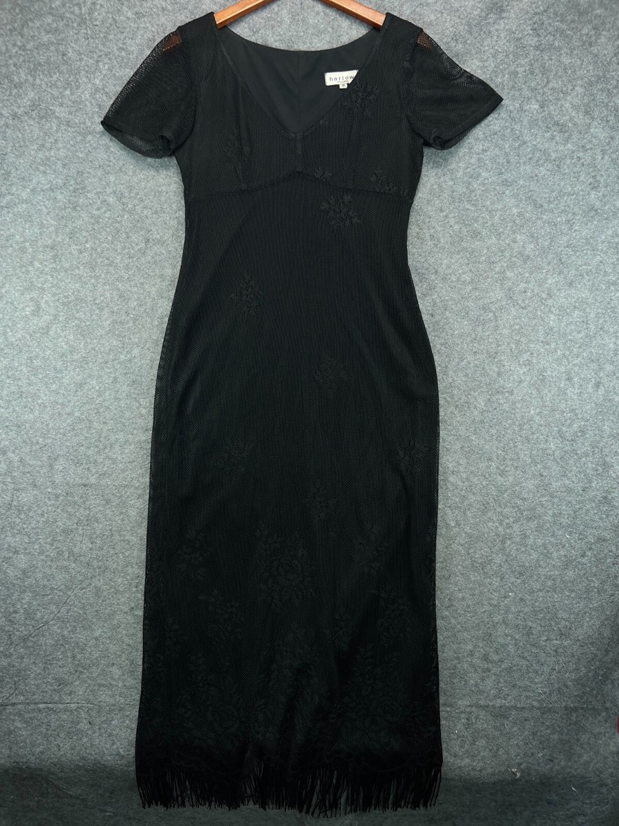 VINTAGE Harlow Womens Black Dress Long Size 8 Lace Mesh Overlay Fringe Hem  Goth | eBay